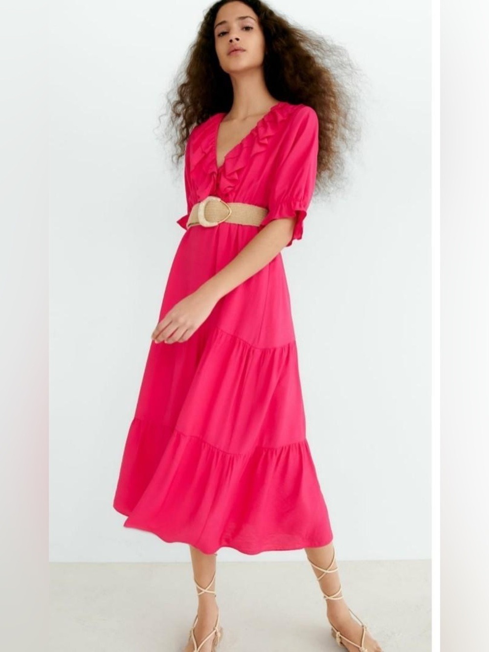 Zara Fuchsia Ruffled V-Neck Short Sleeve Frilled Maxi Summer Dress